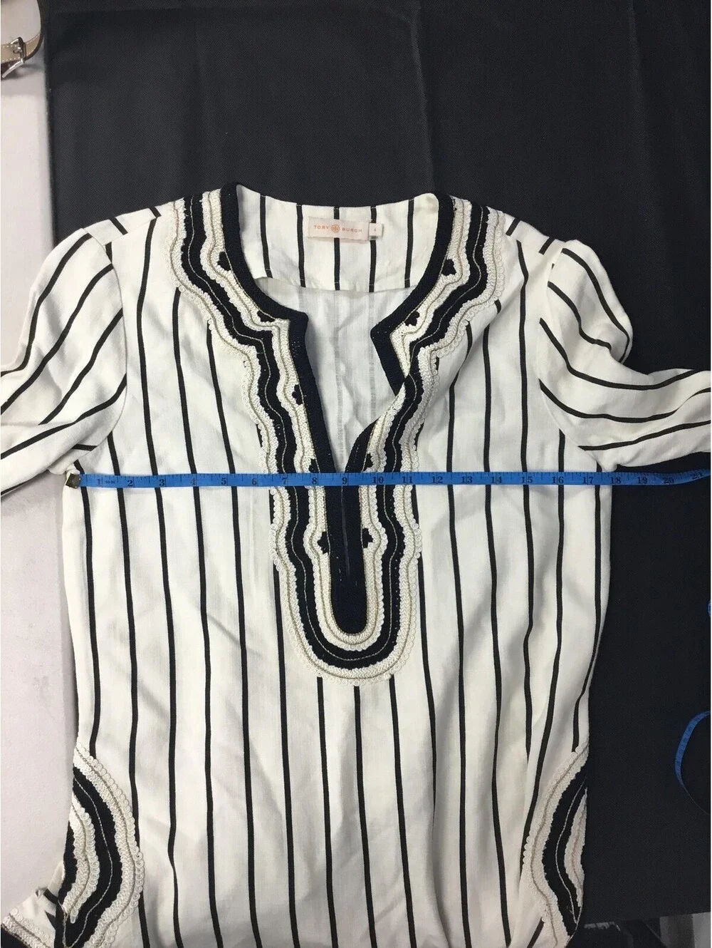 [430] Tory Burch Blouse Womens 4 White Striped Embroidered Tunic Long Sleeve Top